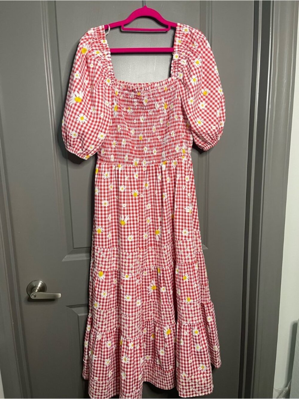 Red Gingham Maxi Dress with Daisy Print - Picture 3 of 6